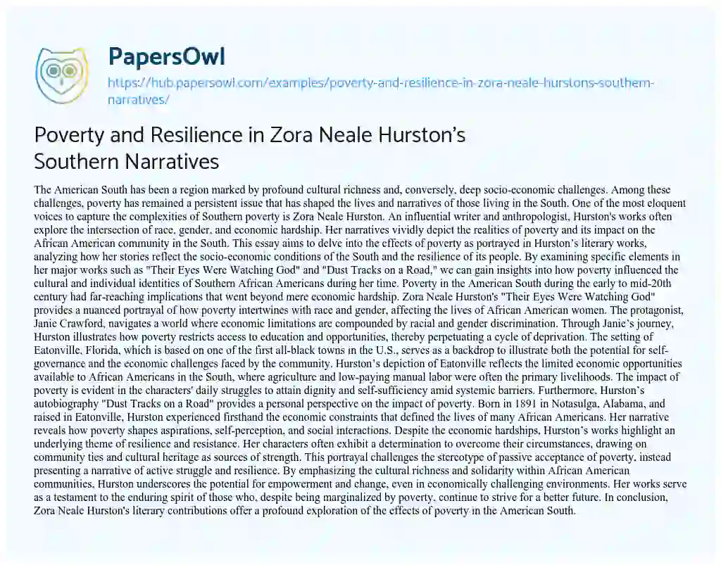 Essay on Poverty and Resilience in Zora Neale Hurston’s Southern Narratives