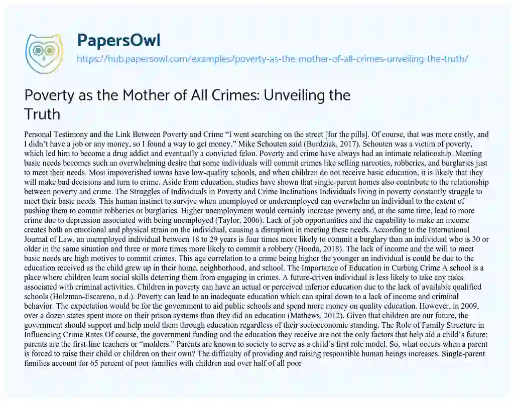 Essay on Poverty as the Mother of All Crimes: Unveiling the Truth