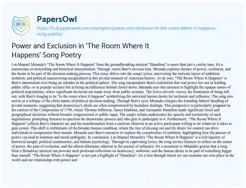 Essay on Power and Exclusion in ‘The Room Where It Happens’ Song Poetry
