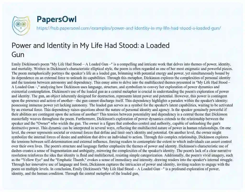 Essay on Power and Identity in My Life Had Stood: a Loaded Gun