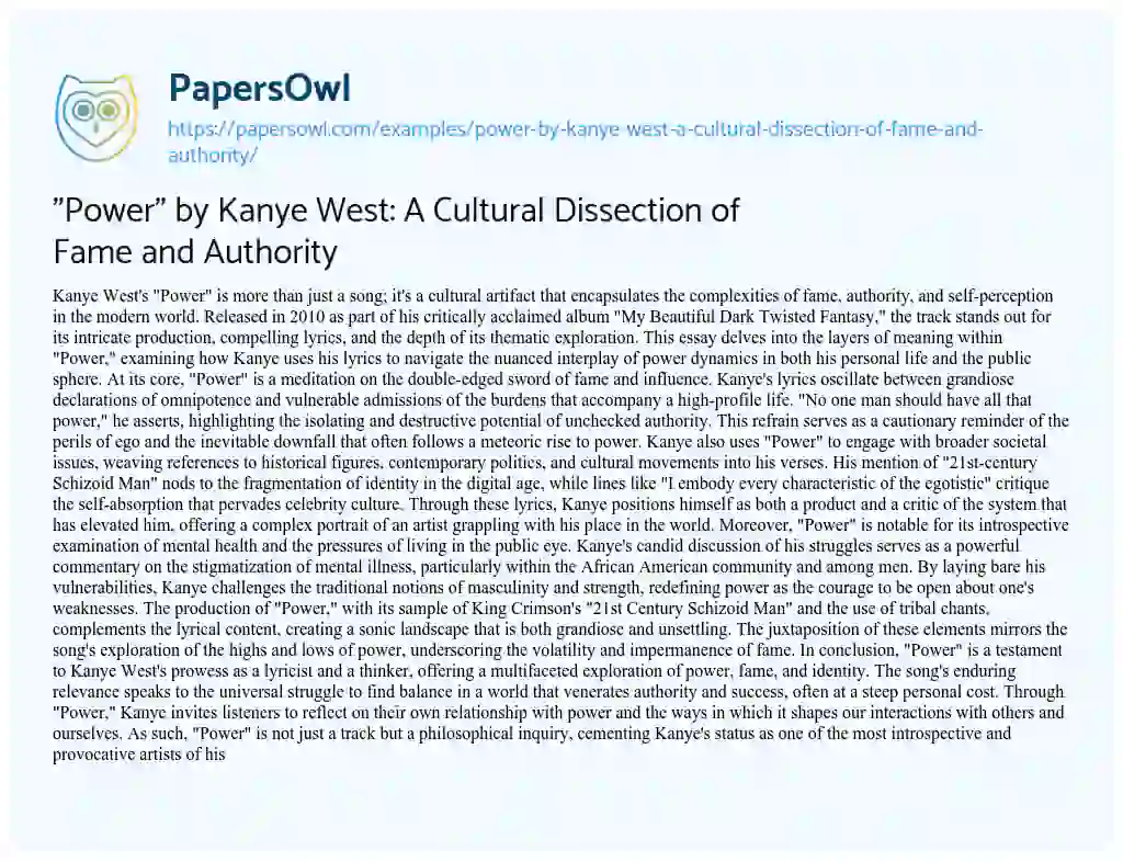 Essay on “Power” by Kanye West: A Cultural Dissection of Fame and Authority