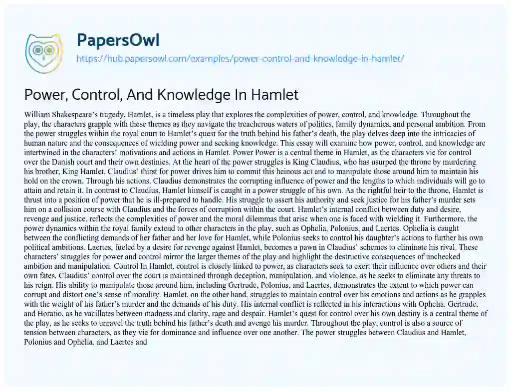 Essay on Power, Control, And Knowledge In Hamlet