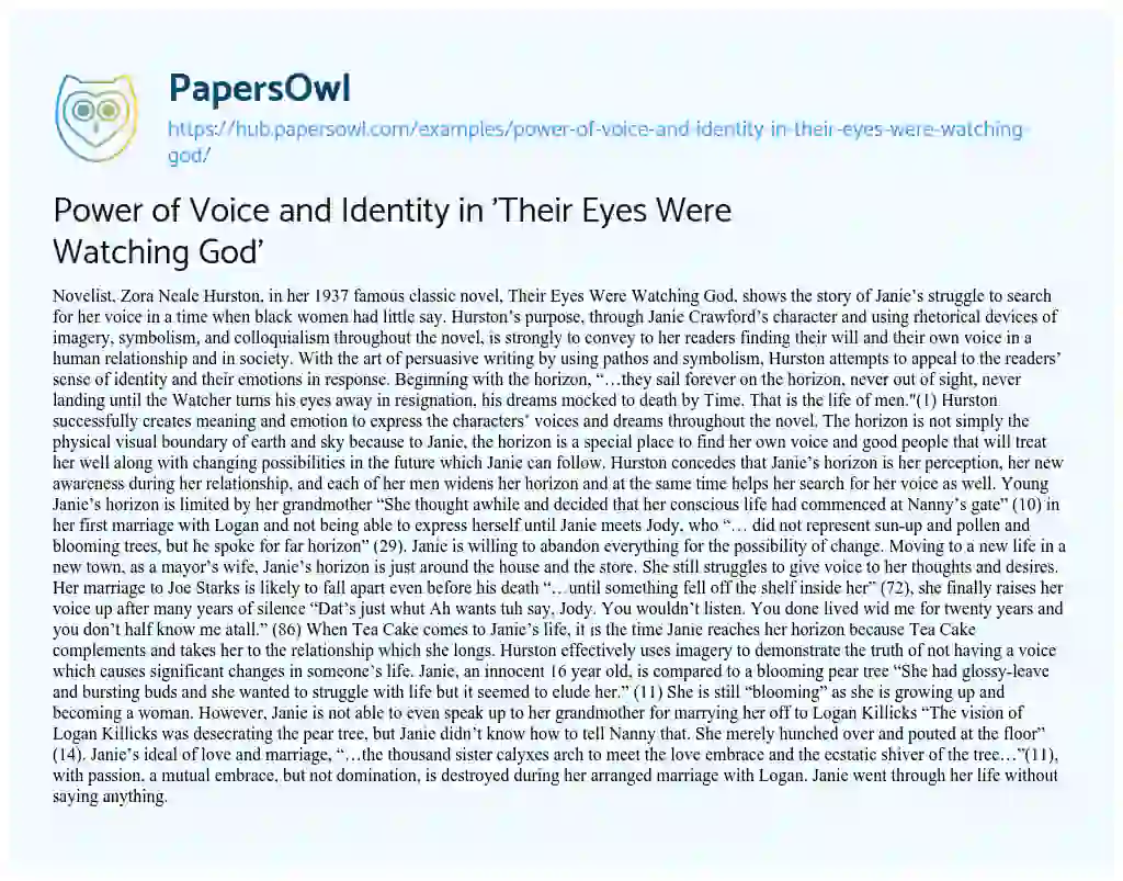 Essay on Power of Voice and Identity in ‘Their Eyes Were Watching God’
