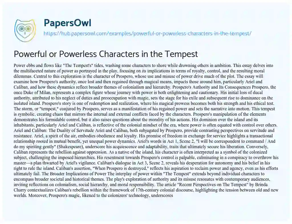 Essay on Powerful or Powerless Characters in the Tempest