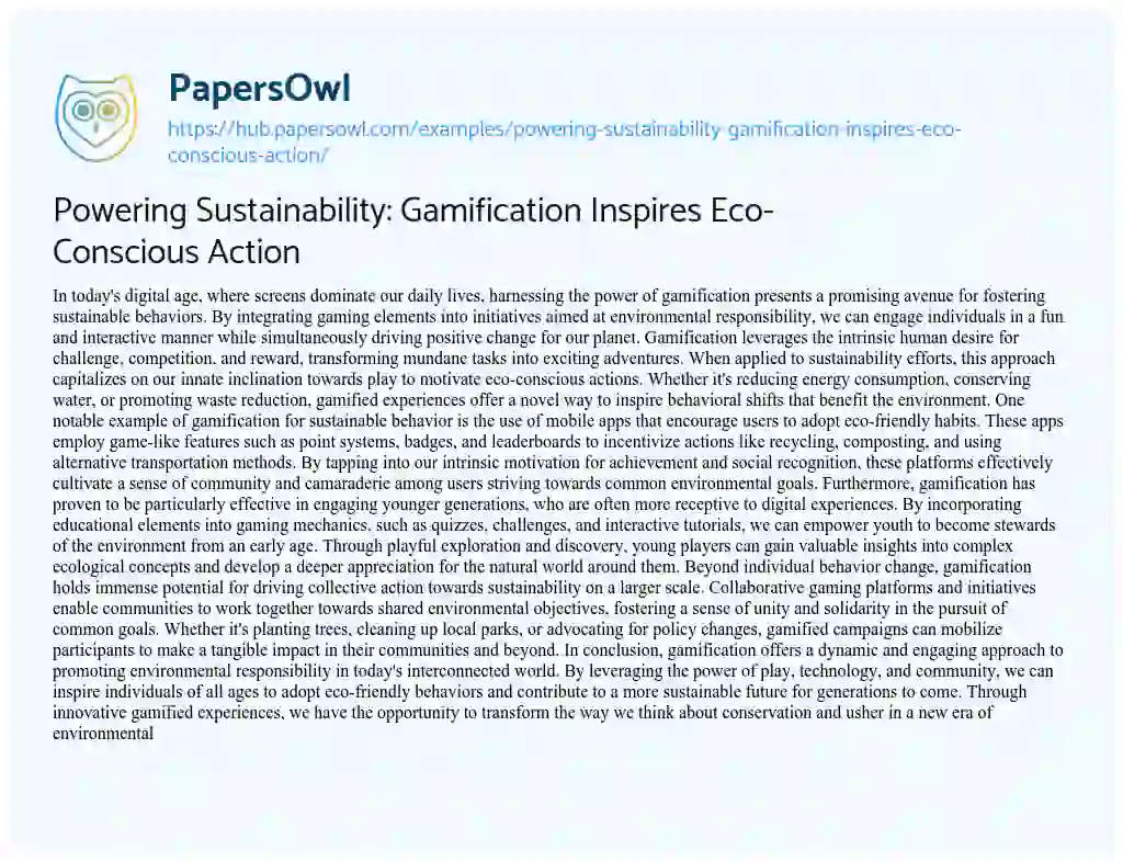 Essay on Powering Sustainability: Gamification Inspires Eco-Conscious Action