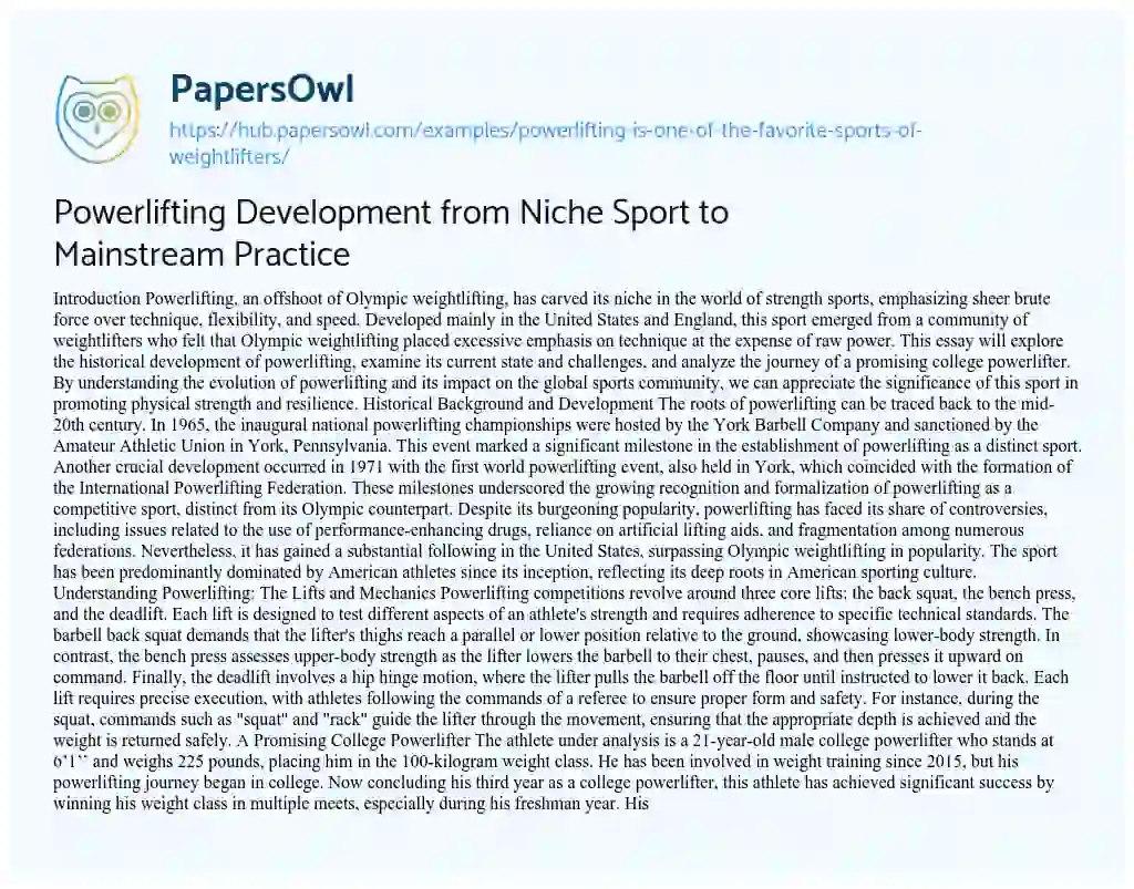 Essay on Powerlifting Development from Niche Sport to Mainstream Practice