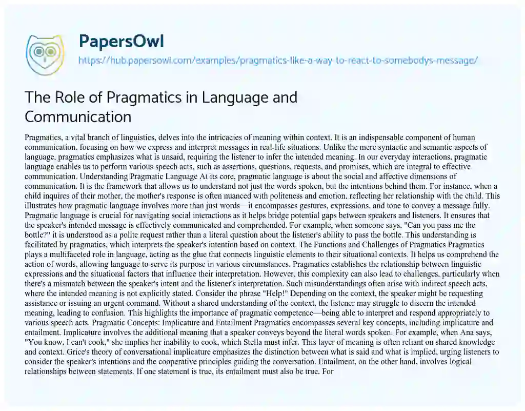 Essay on The Role of Pragmatics in Language and Communication