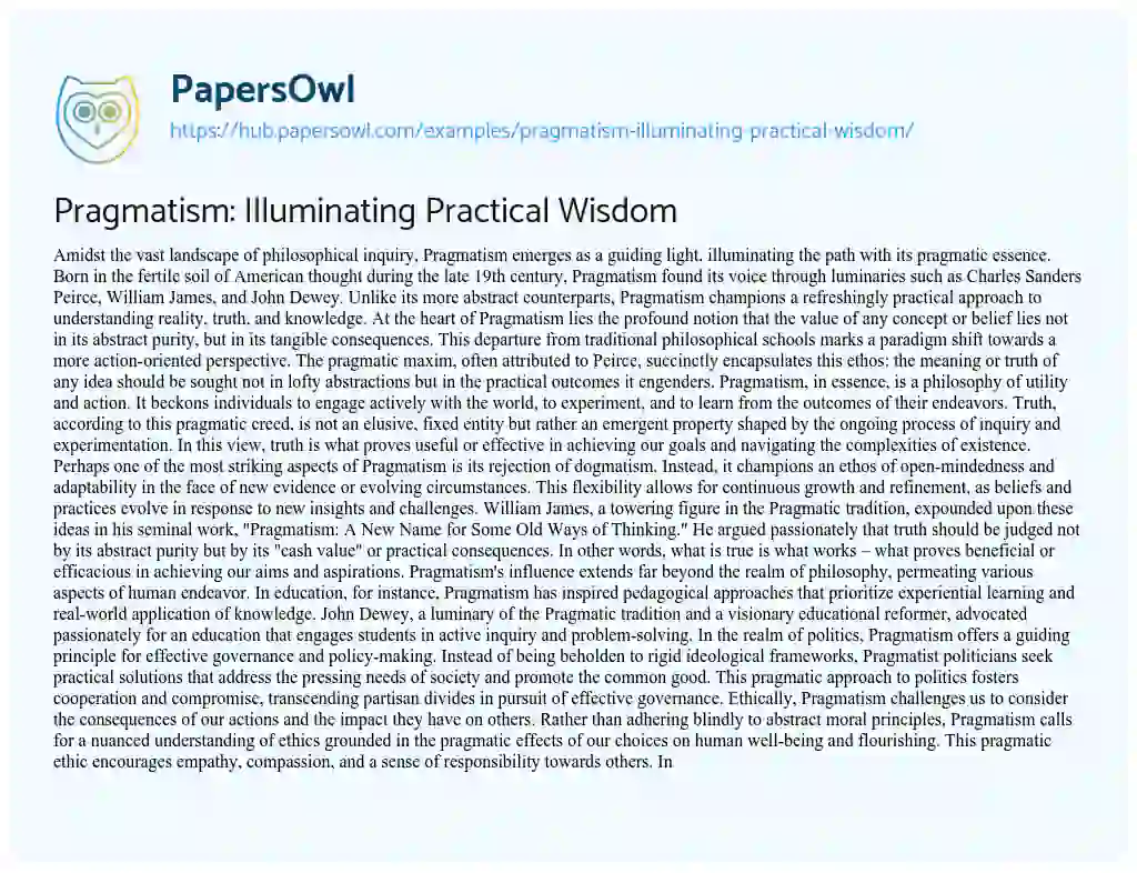 Essay on Pragmatism: Illuminating Practical Wisdom
