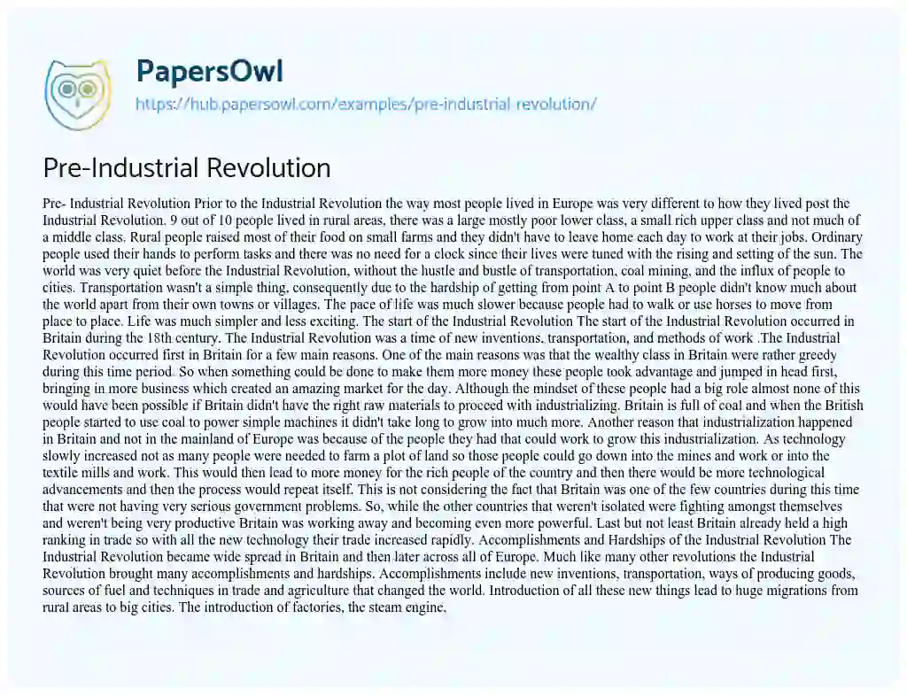 Essay on Pre-Industrial Revolution