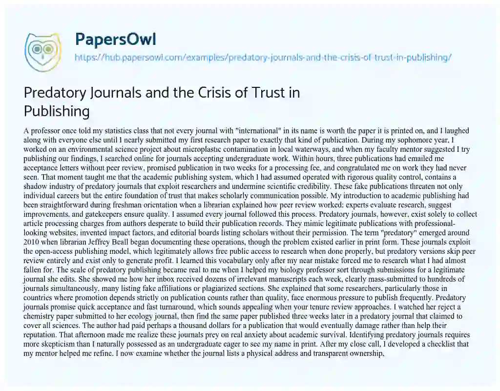 Essay on Predatory Journals and the Crisis of Trust in Publishing