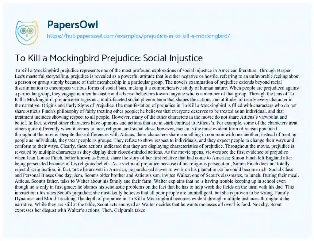Essay on To Kill a Mockingbird Prejudice: Social Injustice