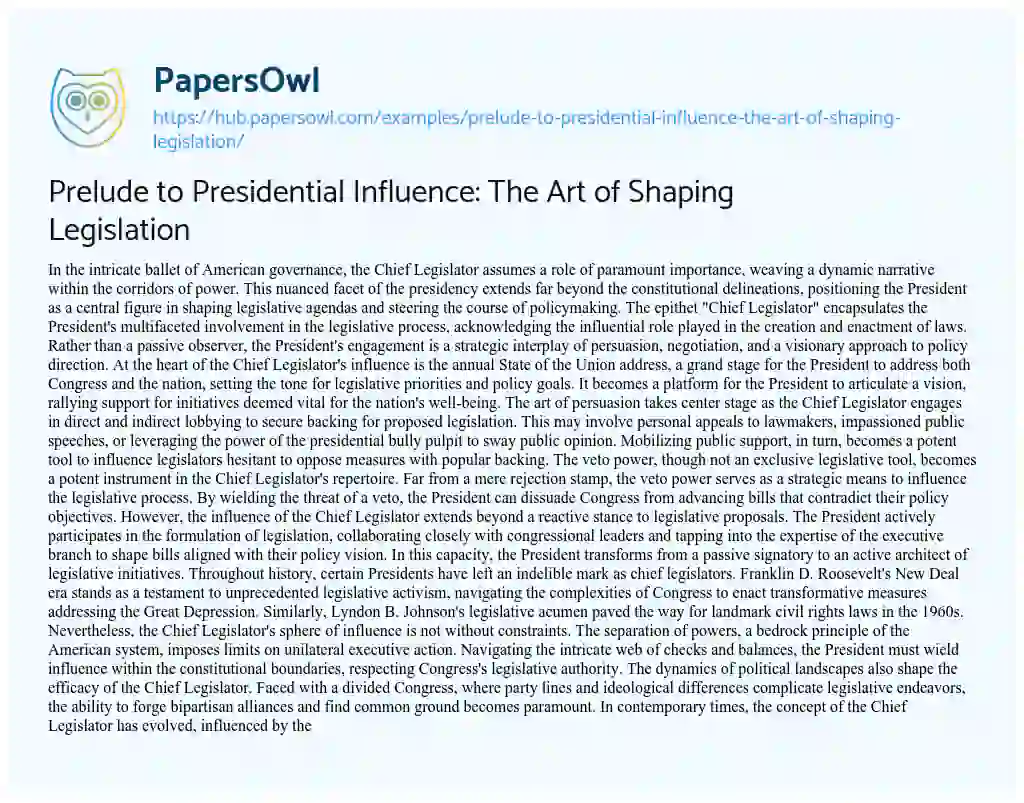 Essay on Prelude to Presidential Influence: The Art of Shaping Legislation