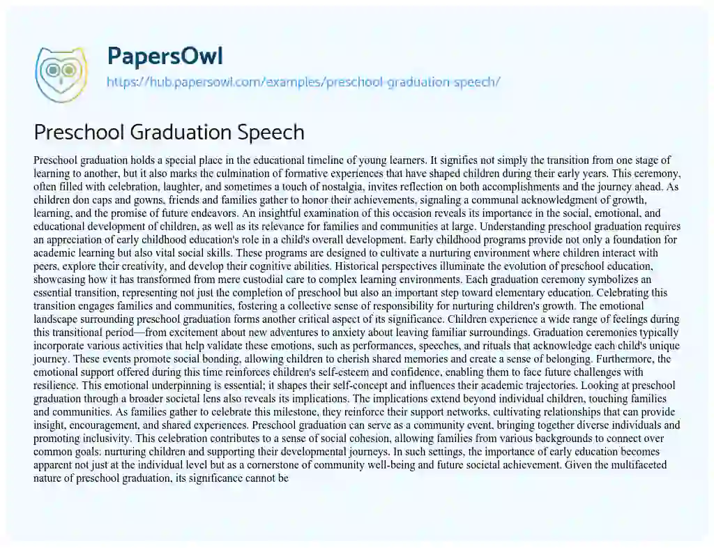 Essay on Preschool Graduation Speech