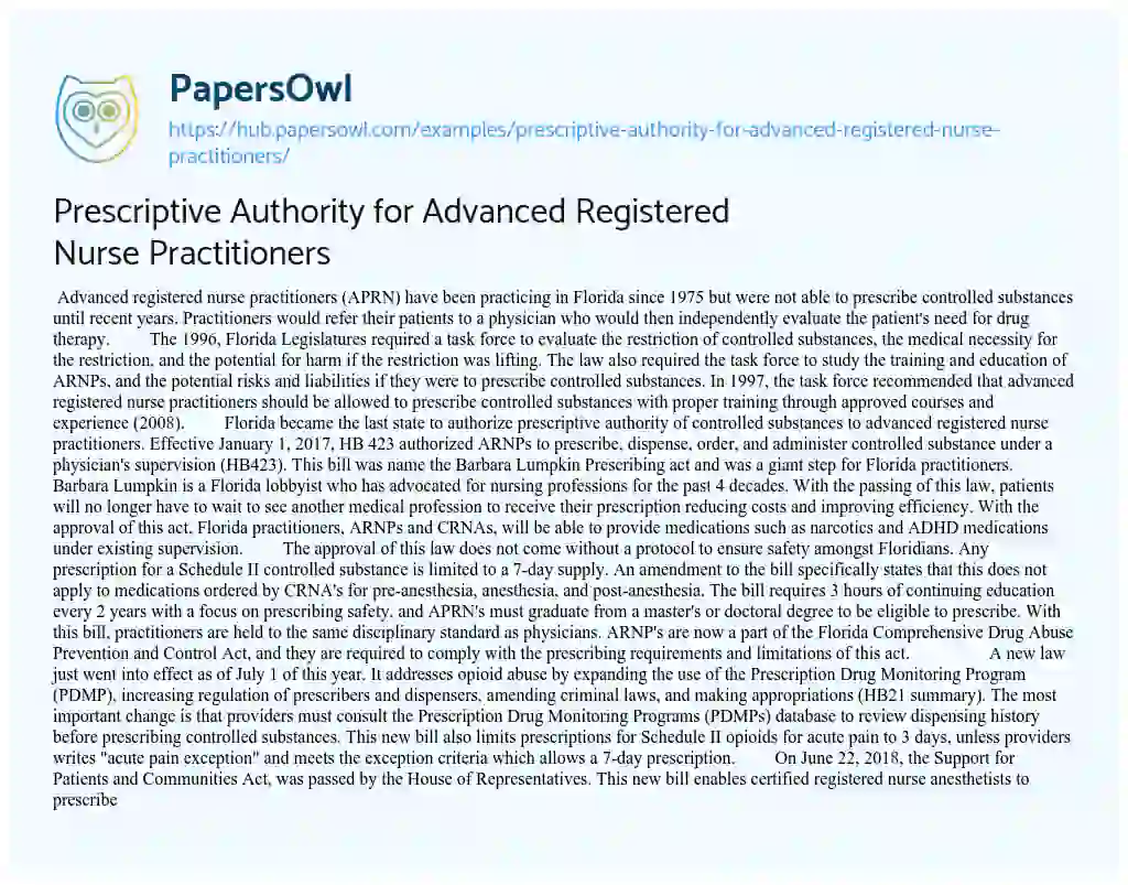 Essay on Prescriptive Authority for Advanced Registered Nurse Practitioners