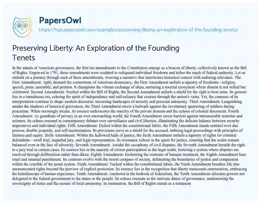 Essay on Preserving Liberty: An Exploration of the Founding Tenets