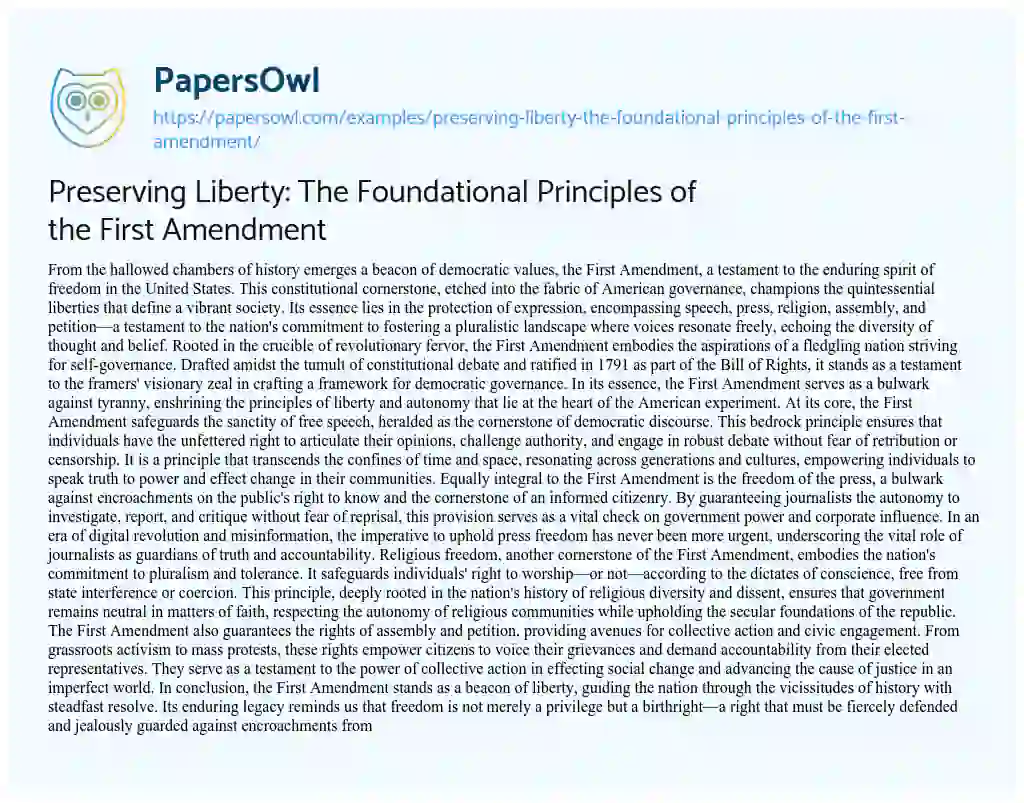 Essay on Preserving Liberty: The Foundational Principles of the First Amendment