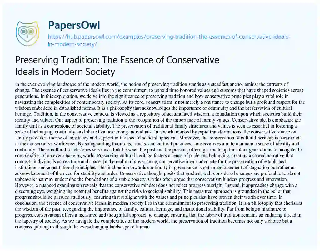 Essay on Preserving Tradition: The Essence of Conservative Ideals in Modern Society