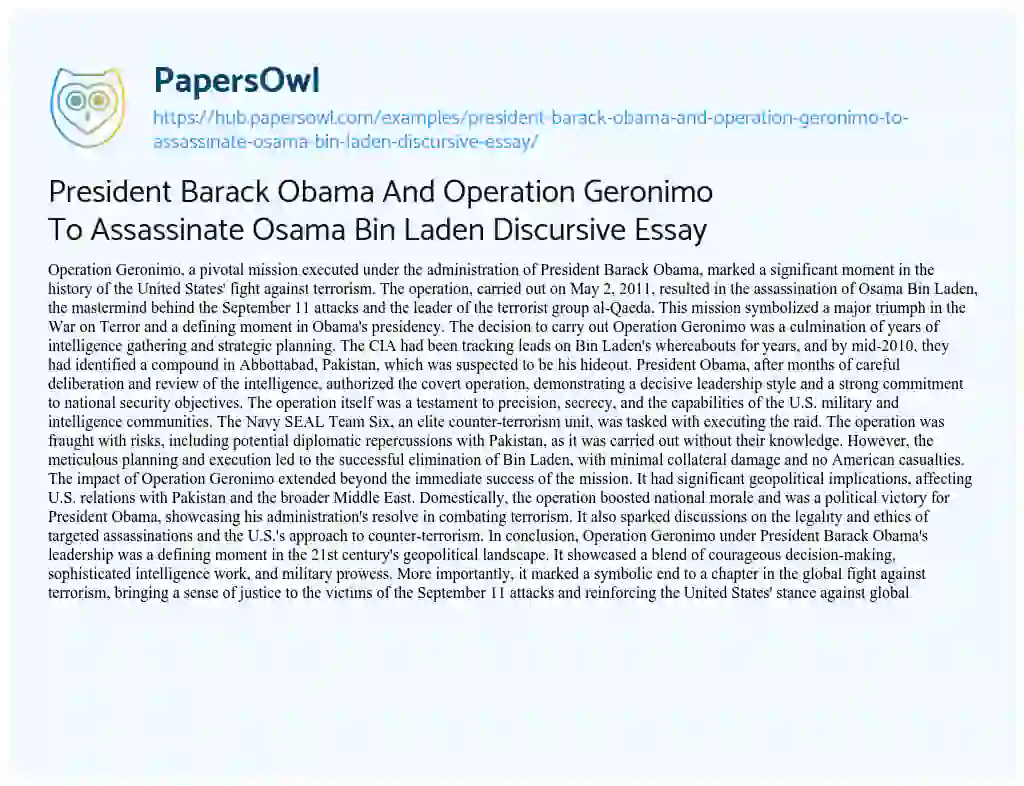 Essay on President Barack Obama And Operation Geronimo To Assassinate Osama Bin Laden Discursive Essay