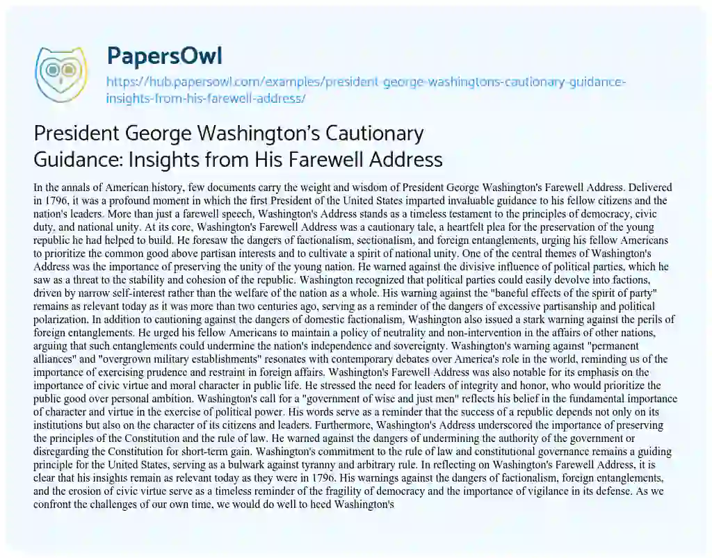 Essay on President George Washington’s Cautionary Guidance: Insights from His Farewell Address