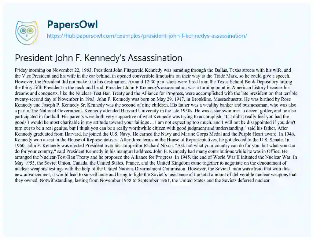 Essay on President John F. Kennedy’s Assassination
