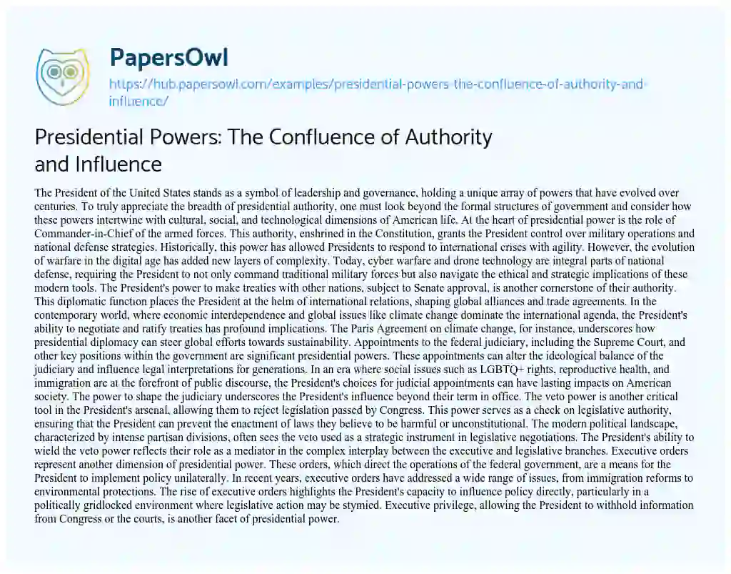 Essay on Presidential Powers: The Confluence of Authority and Influence