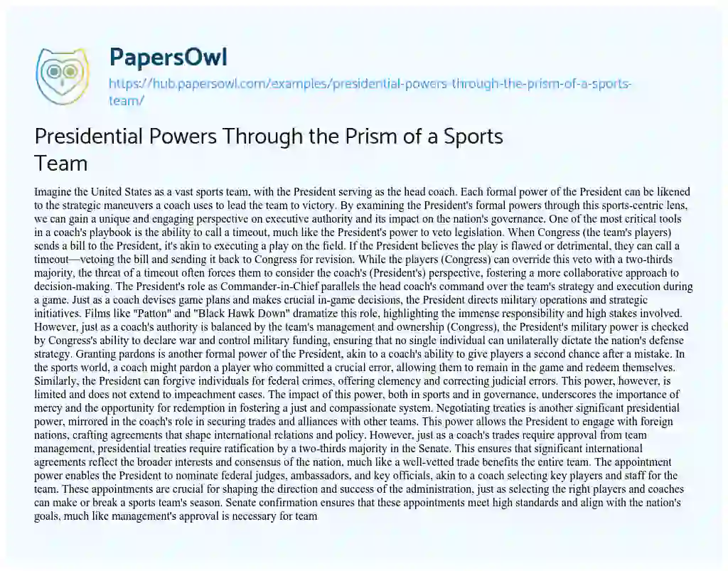 Essay on Presidential Powers Through the Prism of a Sports Team