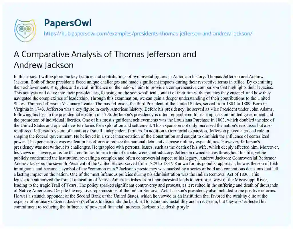 Essay on A Comparative Analysis of Thomas Jefferson and Andrew Jackson