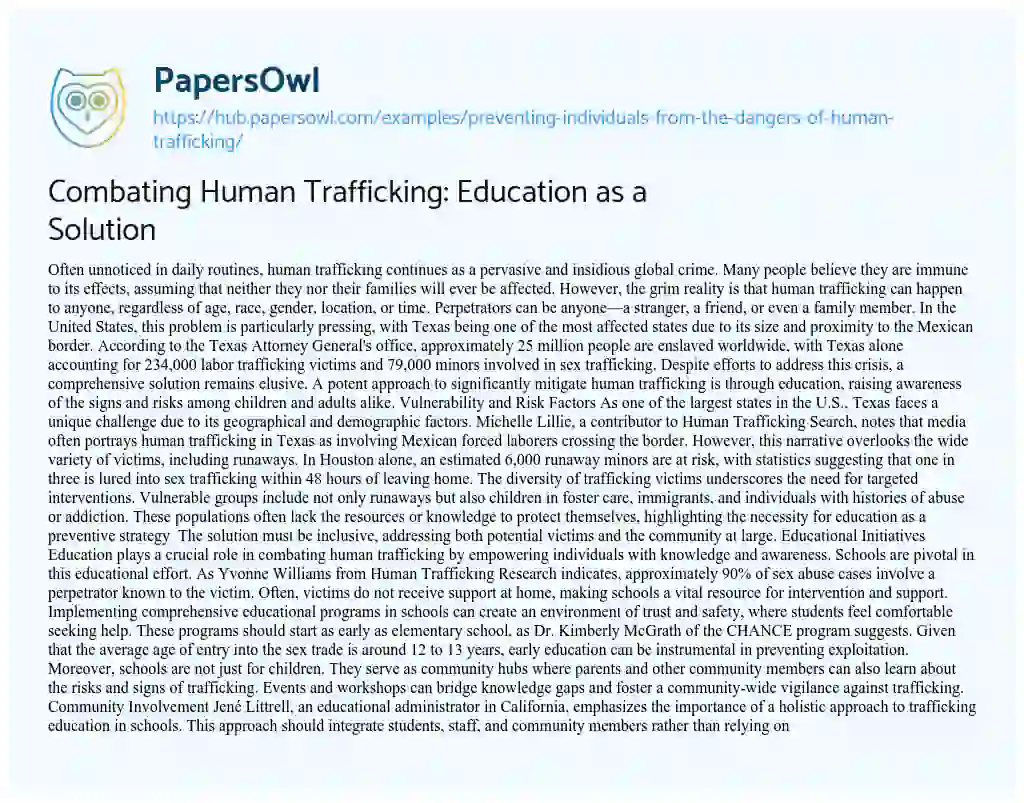 Essay on Combating Human Trafficking: Education as a Solution