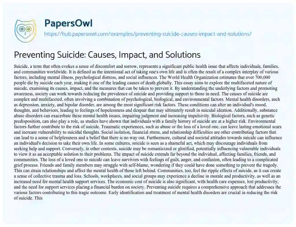 Essay on Preventing Suicide: Causes, Impact, and Solutions