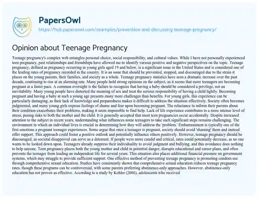 Essay on Opinion about Teenage Pregnancy