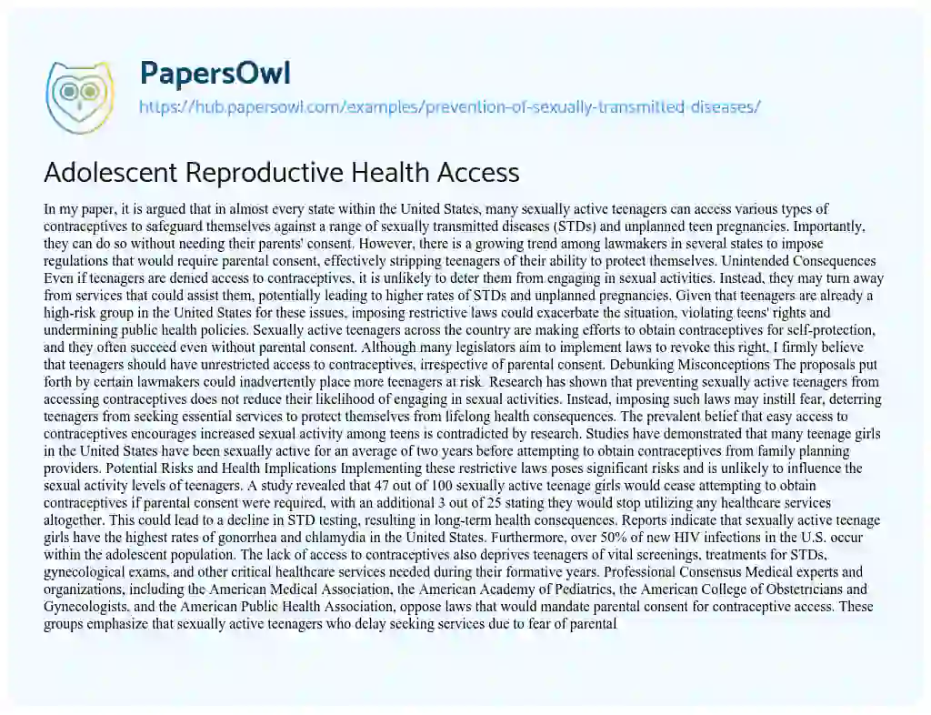 Essay on Adolescent Reproductive Health Access