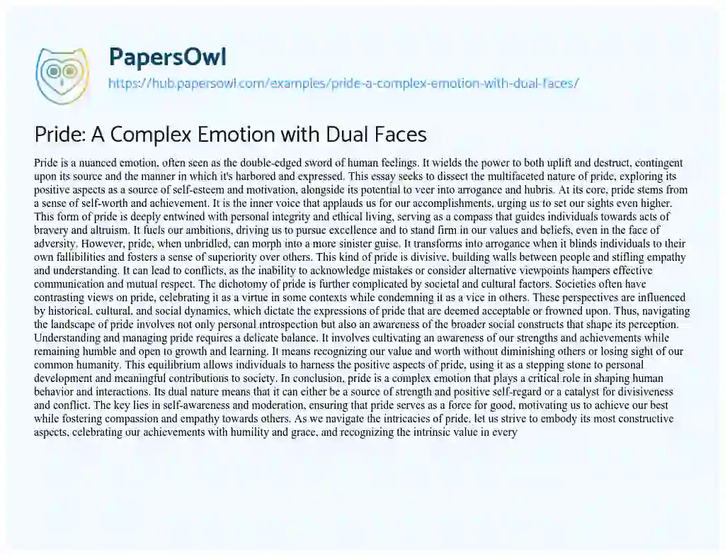Essay on Pride: A Complex Emotion with Dual Faces
