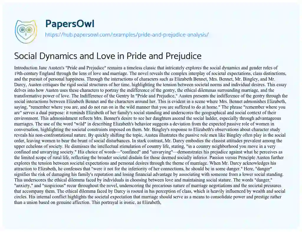 Essay on Social Dynamics and Love in Pride and Prejudice