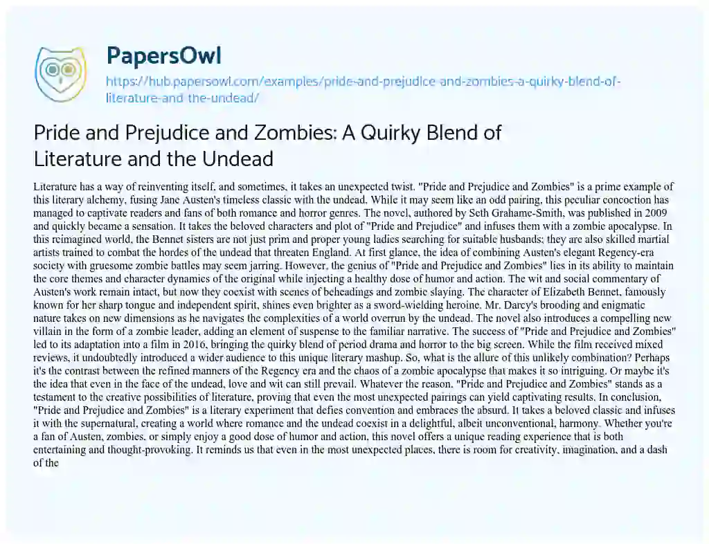 Essay on Pride and Prejudice and Zombies: A Quirky Blend of Literature and the Undead