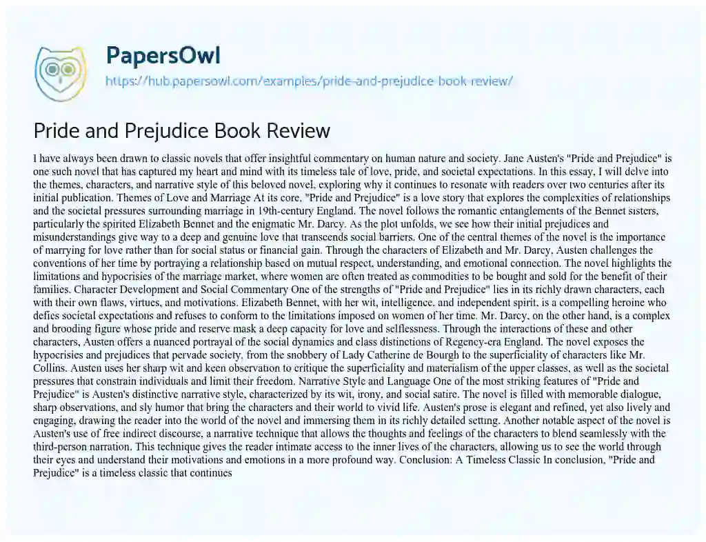 Essay on Pride and Prejudice Book Review