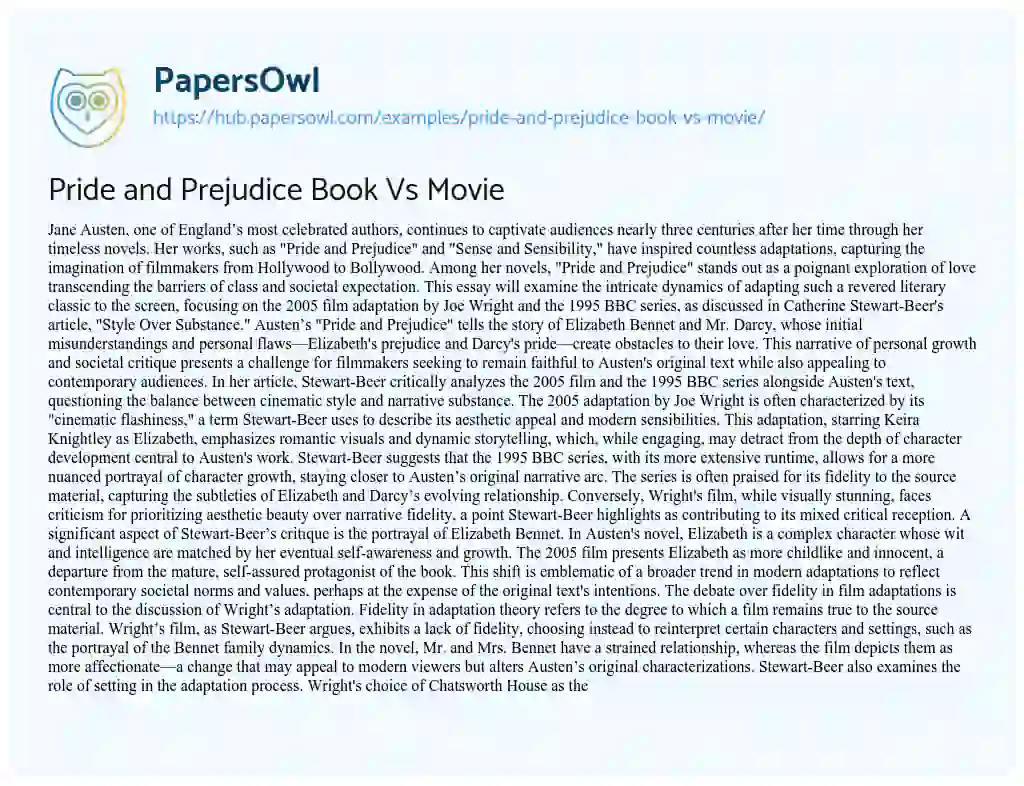 Essay on Pride and Prejudice Book Vs Movie