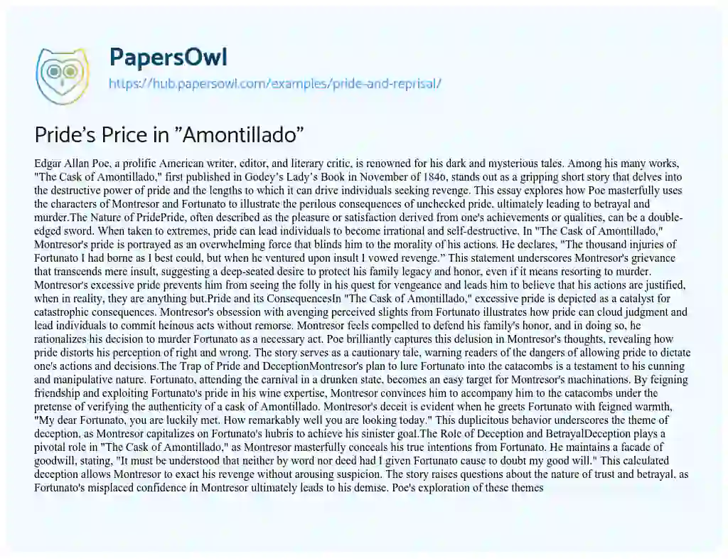 Essay on Pride’s Price in “Amontillado”