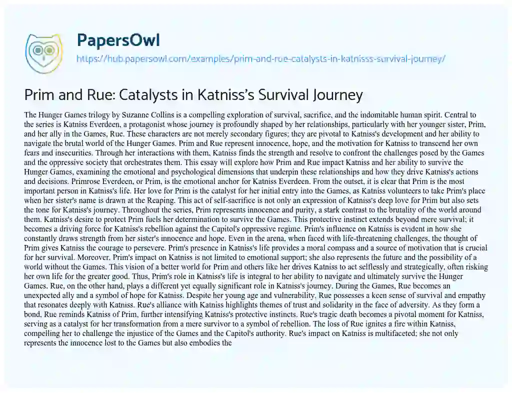 Essay on Prim and Rue: Catalysts in Katniss’s Survival Journey
