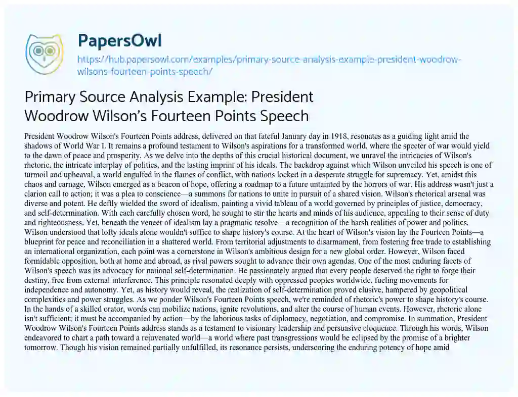 Essay on Primary Source Analysis Example: President Woodrow Wilson’s Fourteen Points Speech