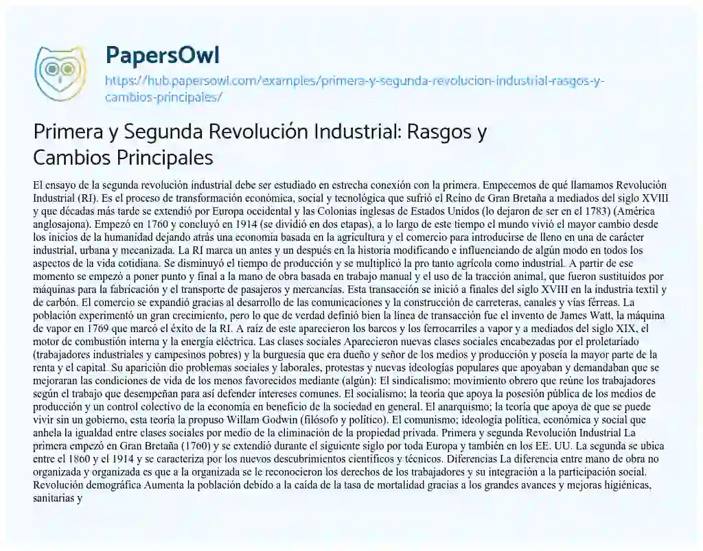 Essay on Primera y Segunda Revolución Industrial: Rasgos y Cambios Principales