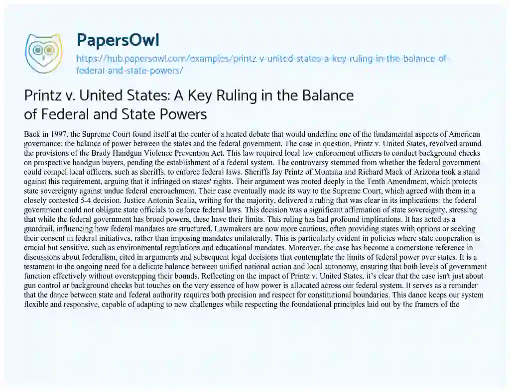 Essay on Printz v. United States: A Key Ruling in the Balance of Federal and State Powers