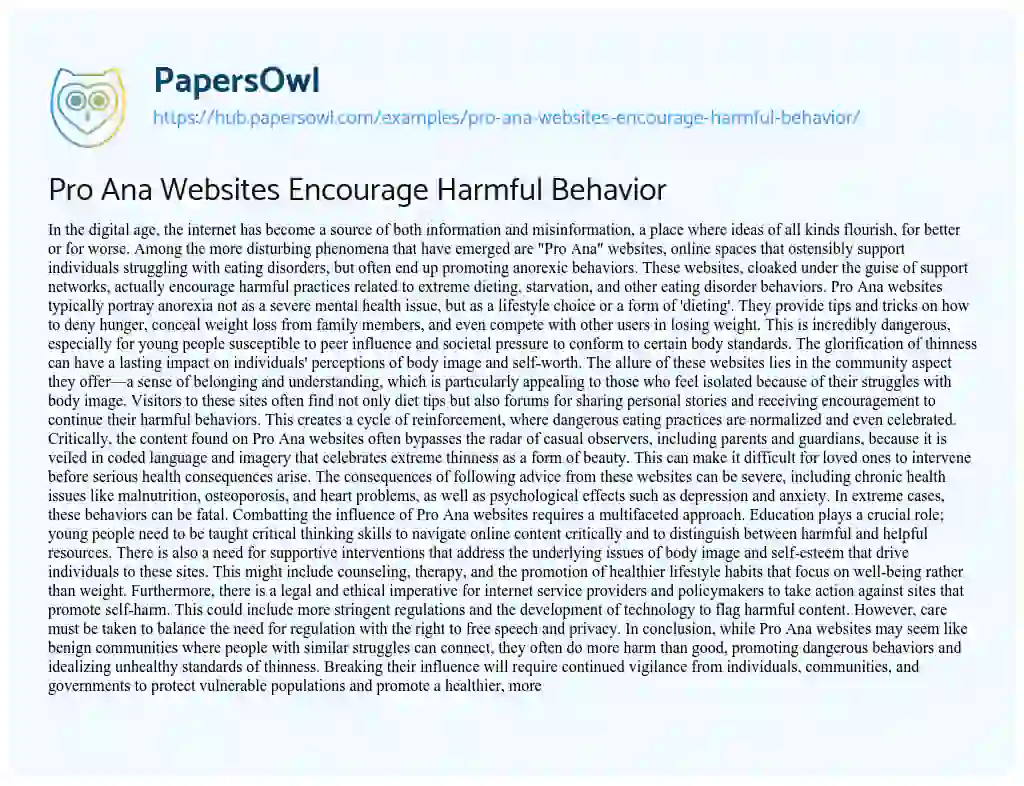 Essay on Pro Ana Websites Encourage Harmful Behavior