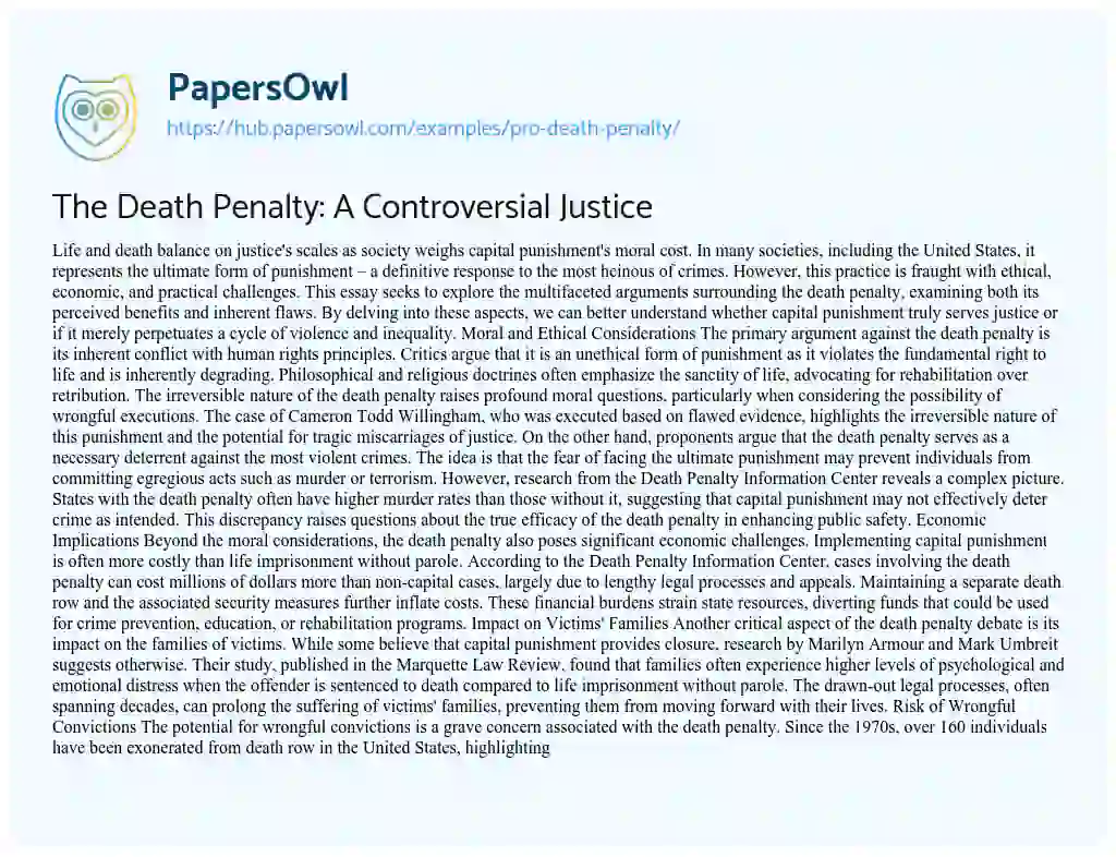Essay on The Death Penalty: A Controversial Justice