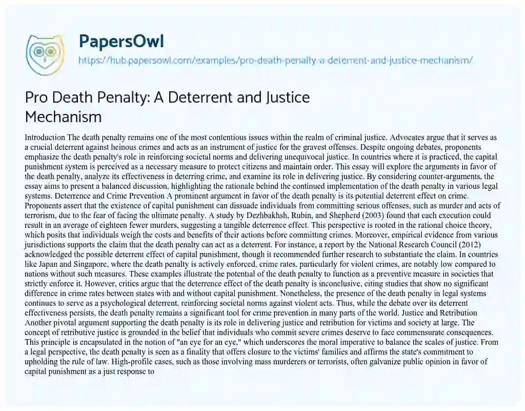 Essay on Pro Death Penalty: A Deterrent and Justice Mechanism