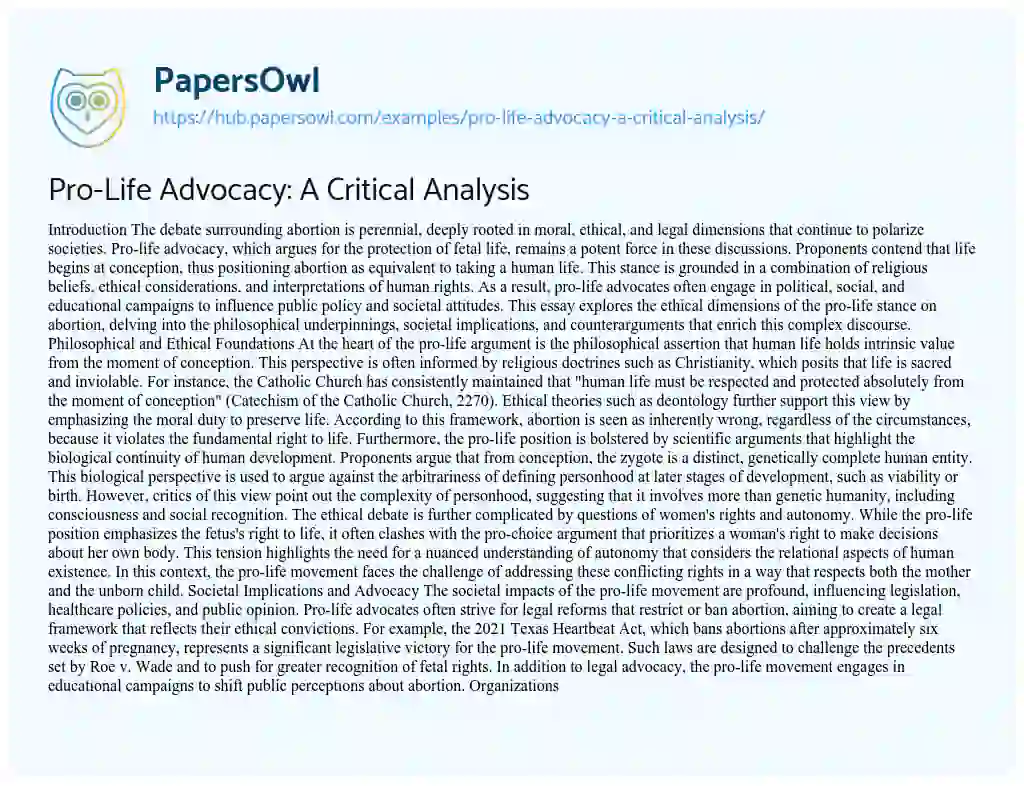 Essay on Pro-Life Advocacy: A Critical Analysis
