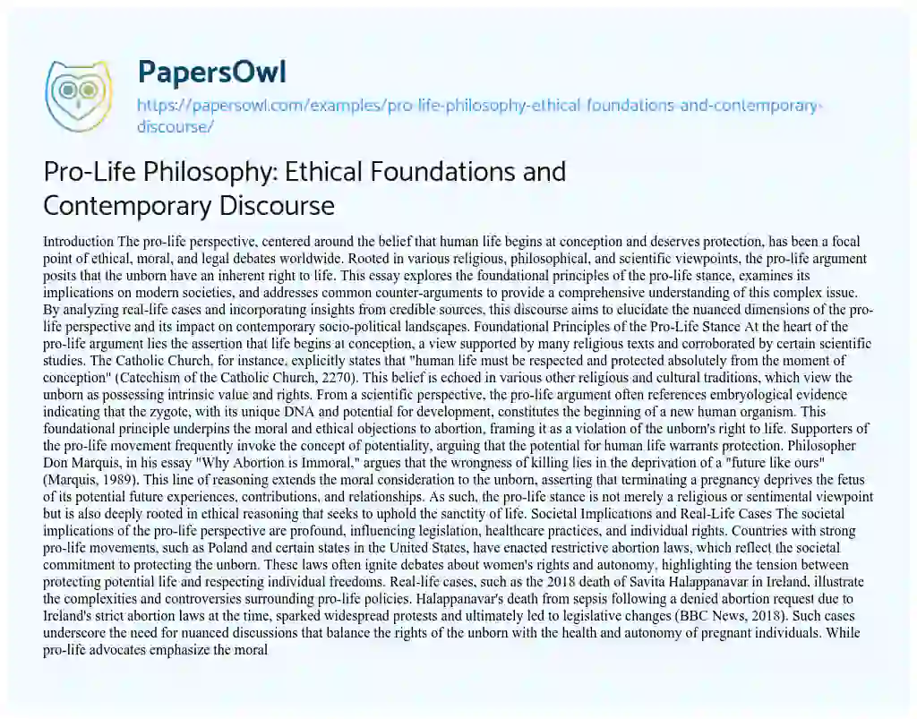 Essay on Pro-Life Philosophy: Ethical Foundations and Contemporary Discourse