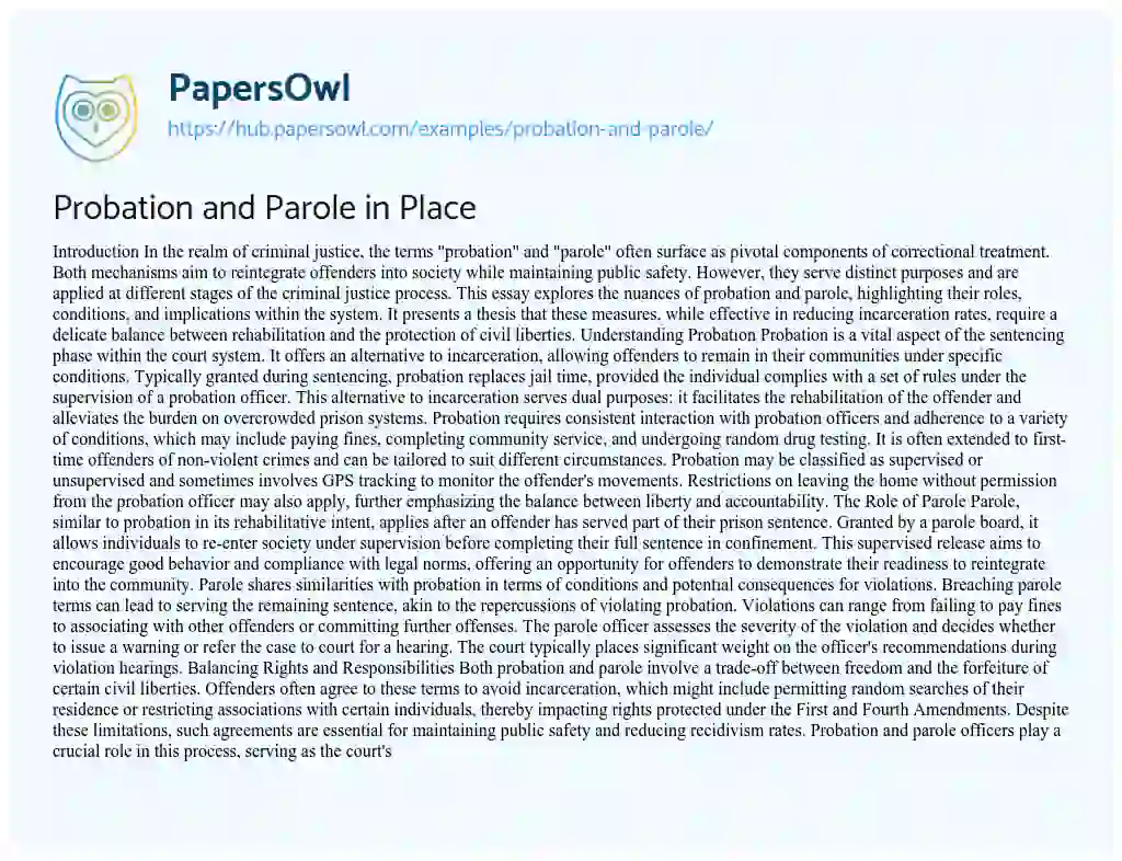Essay on Probation and Parole in Place