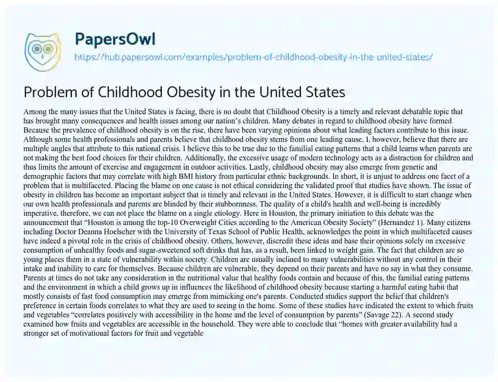 Essay on Problem of Childhood Obesity in the United States