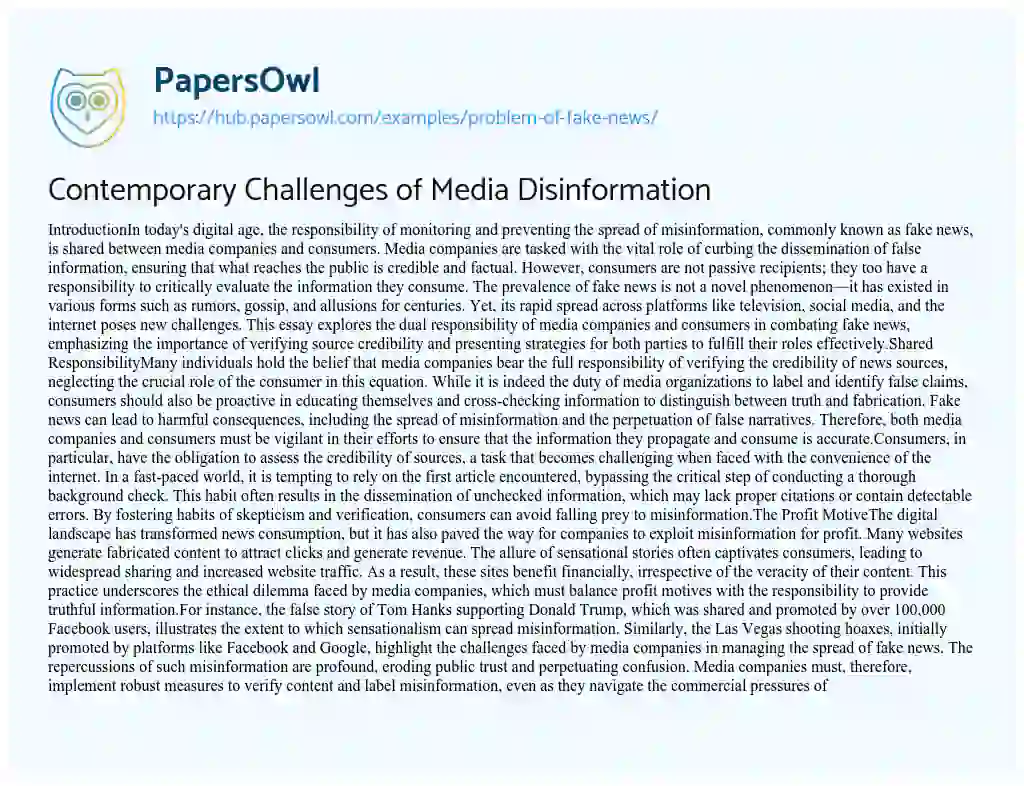 Essay on Contemporary Challenges of Media Disinformation