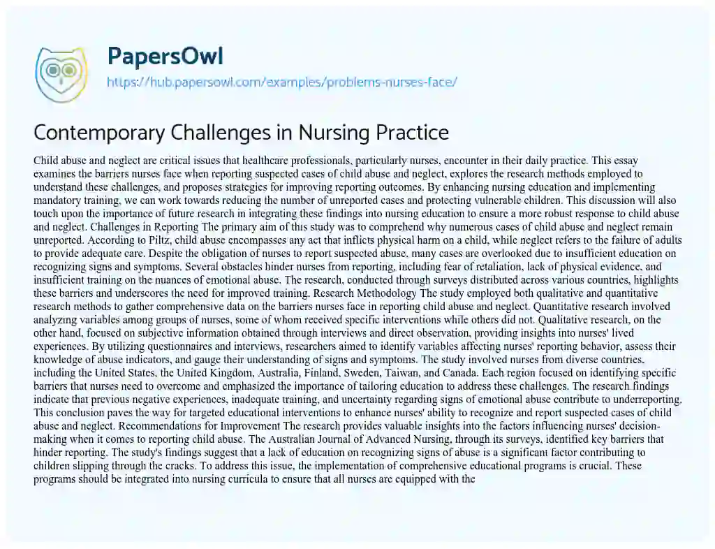Essay on Contemporary Challenges in Nursing Practice
